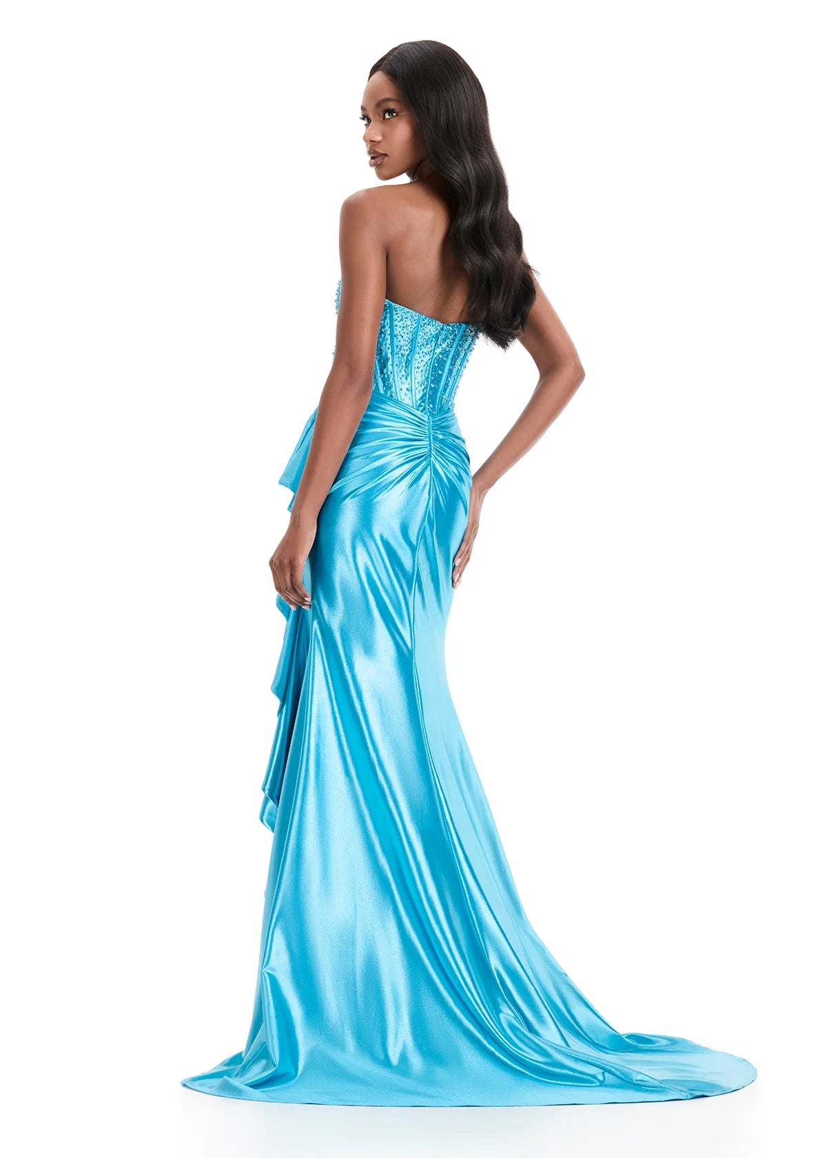 The ASHLEYlauren Style 12240 exemplifies contemporary formal wear design with its expertly engineered silhouette. This fitted gown features a strapless sweetheart bodice with precision ruching that creates dimensional shaping, paired with a luxurious shimmer jersey fabric that provides both structure and movement