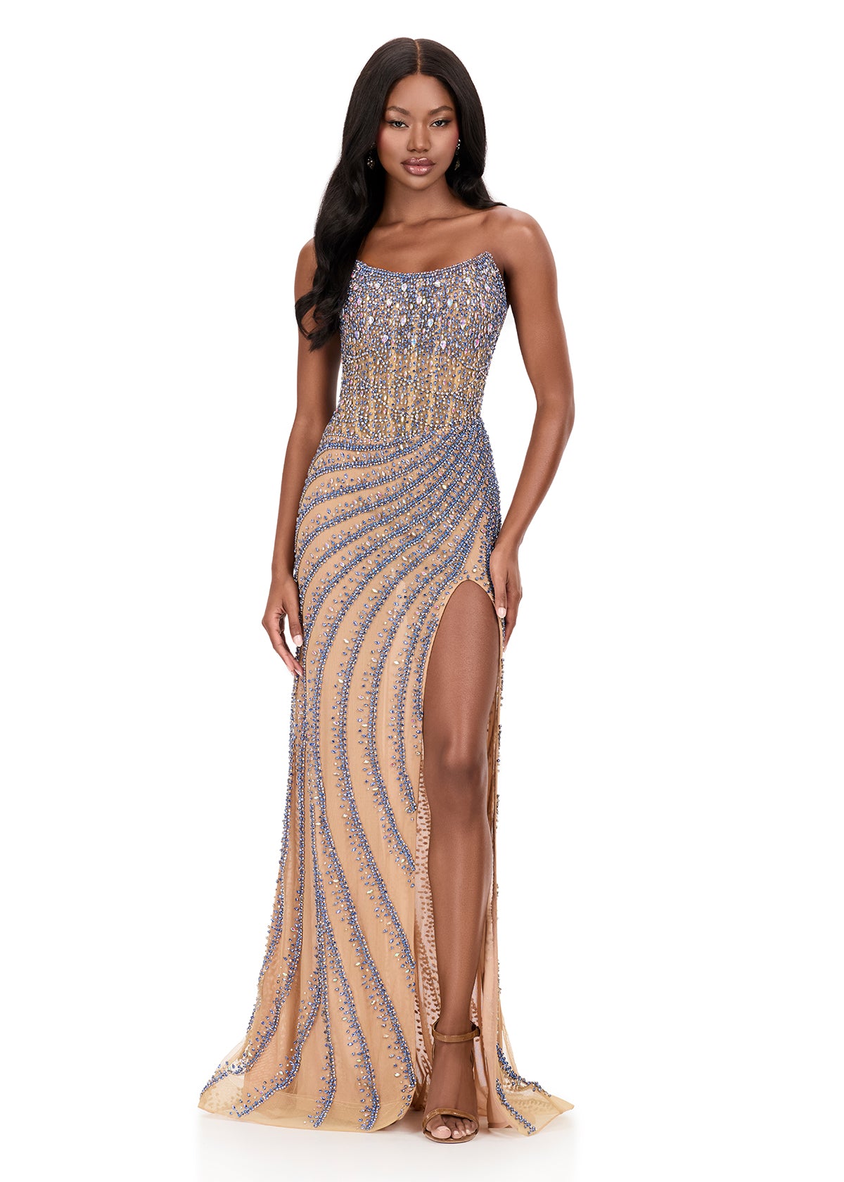 ASHLEYlauren 12328 Long Prom Dress Pageant Formal Evening Gown 8 / Blue/Nude