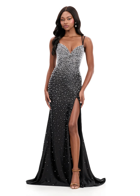 Ashley Lauren 12357 Make an entrance in ASHLEYlauren Style 12357 pearl crystal prom dress. This gown features full pearl beading, a fitted silhouette, lace up back and sleek sweetheart neckline. The vertical beadwork accentuates the waist and elongates the figure.