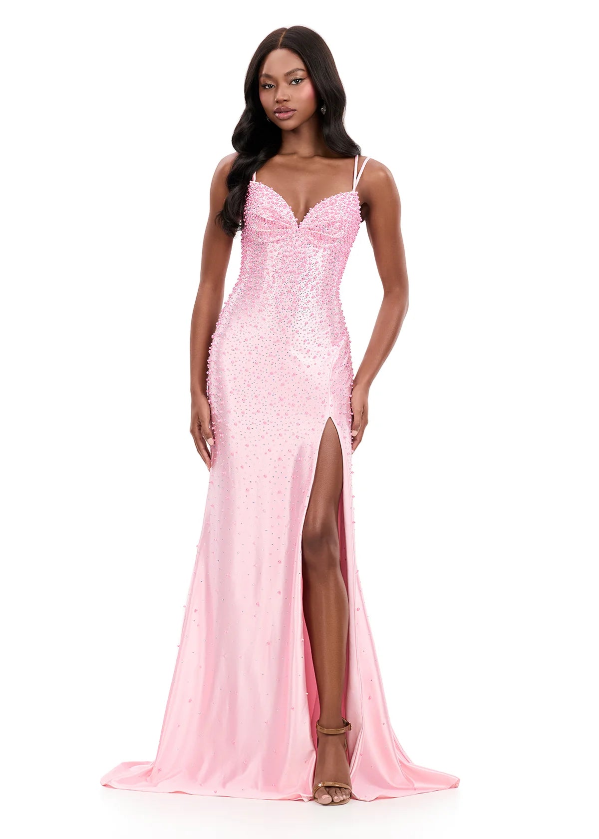 Ashley Lauren 12357 Make an entrance in ASHLEYlauren Style 12357 pearl crystal prom dress. This gown features full pearl beading, a fitted silhouette, lace up back and sleek sweetheart neckline. The vertical beadwork accentuates the waist and elongates the figure.