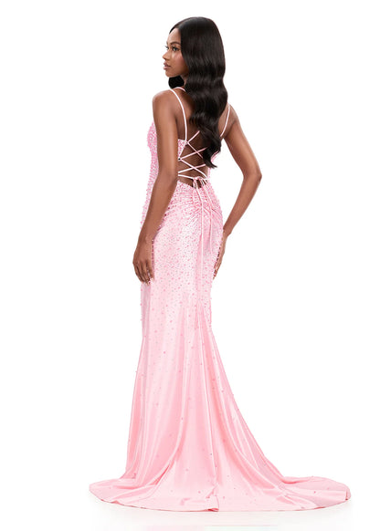 Ashley Lauren 12357 Make an entrance in ASHLEYlauren Style 12357 pearl crystal prom dress. This gown features full pearl beading, a fitted silhouette, lace up back and sleek sweetheart neckline. The vertical beadwork accentuates the waist and elongates the figure.
