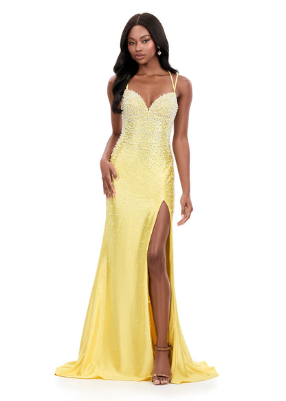 Ashley Lauren 12357 Make an entrance in ASHLEYlauren Style 12357 pearl crystal prom dress. This gown features full pearl beading, a fitted silhouette, lace up back and sleek sweetheart neckline. The vertical beadwork accentuates the waist and elongates the figure.
