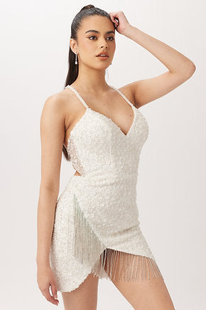 VIENNA Prom 60105 Sequin Fabric Wrap Skirt Crystal Fringe Spaghetti Strap Slit Cocktail Homecoming Dress
