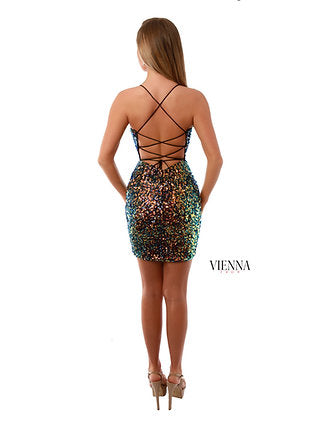 VIENNA Prom 60064 Sequin Fitted V-Neck Spaghetti Strap Lace Up Back Cocktail Homecoming Dress. Look your best in this dazzling VIENNA Prom dress, featuring glitter-encrusted sequins all over, a fitted V-neck, spaghetti straps, and a stunning lace-up back detail. Perfect for any formal event.