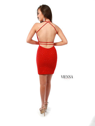 VIENNA Prom 60044 Spaghetti Strap V-Neck Crystal Open Back Cocktail Homecoming Dress. VIENNA Prom 60044 is a stunning spaghetti strap dress featuring a V-neckline, crystal open back, and cocktail homecoming design. Adorned with beautiful sparkling crystals, this dress is sure to make any special occasion unforgettable.