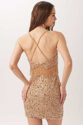 Vienna 60107 Spaghetti Strap Fully Embellished Crystal V-Neck Open Bodice With Beaded Fringe Detail Fitted Cocktail Homecoming Dress. This Vienna 60107 Spaghetti Strap dress is fully embellished with sparkling crystals, a V-Neck open bodice, and a beaded fringe detail. A perfect choice for a cocktail or homecoming event, it is tailored for a flattering fit.