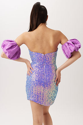 Vienna 60102 Strapless V-Neck Fitted Fully Sequin Balloon Sleeves With Crystals Cocktail Homecoming Dress. Enhance your special occasion ensemble with the Vienna 60102 Cocktail Homecoming Dress. This elegant and sophisticated design is crafted with strapless V-neckline and fitted silhouette with fully sequin balloon sleeves and crystal embellishments. Make a lasting impression with this stunning piece.