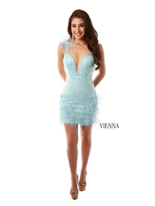 VIENNA Prom 60058 Sequin Fitted Plunging Neckline Feather Detailing On Shoulder And Bottom Cocktail Homecoming Dress. The VIENNA Prom 60058 Sequin Fitted Cocktail Homecoming Dress features a plunging neckline and feather detailing on the shoulder and bottom. This stunning fitted silhouette is perfect for special occasions. Make a statement with timeless glamour.
