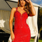 VIENNA Prom 60094 Open Back Crystal Net Deep V-Neck Spaghetti Strap With Floral Detail Cocktail Homecoming Dress. This VIENNA Prom dress is perfect for homecoming or any special occasion. It features a deep V-neckline, crystal net, open back, spaghetti straps, and a floral detail that completes its elegant look. Make a statement with this timeless dress.