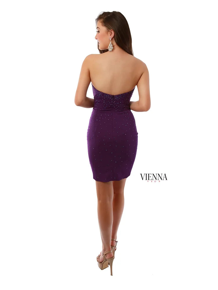 VIENNA Prom 60042 Sweetheart Neckline Fitted Crystal Embellished Cocktail Homecoming Dress. Introducing the VIENNA Prom 60042 dress, a stunning fitted cocktail dress with crystal-embellished sweetheart neckline for a glamorous look. Featuring breathable, comfortable stretchy fabric and a knee-length silhouette, this dress is perfect for homecoming, prom, and formal events.