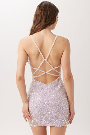 Vienna 60109 Spaghetti Strap Fully Embellished Crystal V-Neck Cut Outs Open Back Cocktail Homecoming Dress. This Vienna 60109 dress is a sophisticated choice for any cocktail or homecoming event. Crafted with a fully embellished crystal v-neck and open back, the look is completed with spaghetti straps and cut outs. Perfect for a night out, the fit and design will ensure you look your best with ease.