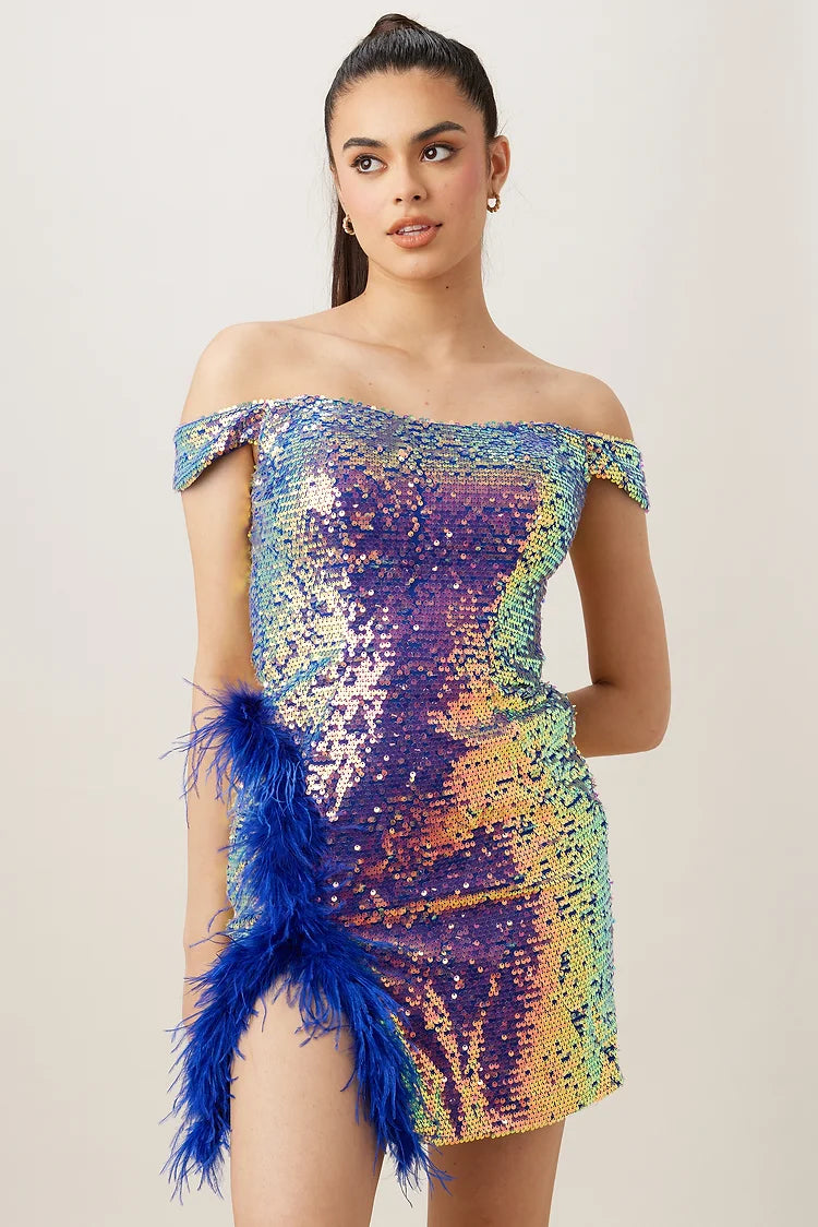 Vienna 60114 Off The Shoulder Fully Embellished Sequin Ombre Slit With Feathers Open Back Cocktail Homecoming Dress. Make a grand entrance wearing this Vienna 60114 Off The Shoulder Fully Embellished Sequin Ombre Slit dress. It features a striking ombre shading, intricate sequin detail and delicate feathers that will make you shine. Perfect for cocktail dinners and homecoming ceremonies.