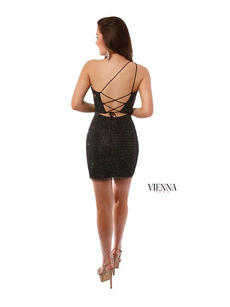 VIENNA Prom's 60039 dress is 100% sure to impress. Its one shoulder silhouette is detailed with an exquisite lace-up back and crystal net construction, perfect for a variety of occasions. Make a statement with this classic cocktail or homecoming dress.