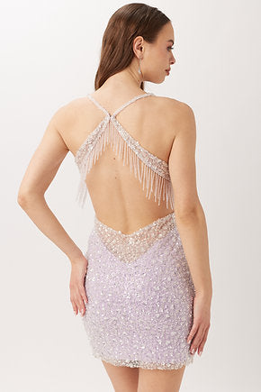 Vienna 60110 Floral Crystals Deep V-Neck Spaghetti Strap Open Back With Beaded Fringe Cocktail Homecoming Dress. The Vienna 60110 Cocktail Homecoming Dress offers an eye-catching look with a deep V-neck, spaghetti straps, open back and beaded fringe. The soft floral crystals provide a luxe feel that will make you stand out from the crowd. Perfect for any special event.