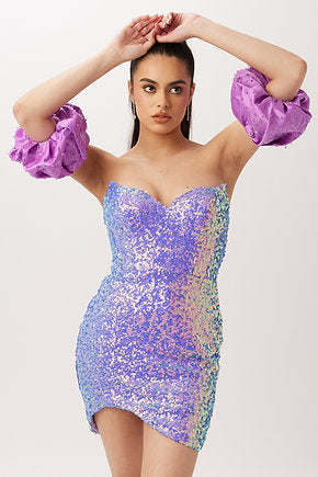 Vienna 60102 Strapless V-Neck Fitted Fully Sequin Balloon Sleeves With Crystals Cocktail Homecoming Dress. Enhance your special occasion ensemble with the Vienna 60102 Cocktail Homecoming Dress. This elegant and sophisticated design is crafted with strapless V-neckline and fitted silhouette with fully sequin balloon sleeves and crystal embellishments. Make a lasting impression with this stunning piece.