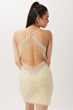 Vienna 60110 Floral Crystals Deep V-Neck Spaghetti Strap Open Back With Beaded Fringe Cocktail Homecoming Dress. The Vienna 60110 Cocktail Homecoming Dress offers an eye-catching look with a deep V-neck, spaghetti straps, open back and beaded fringe. The soft floral crystals provide a luxe feel that will make you stand out from the crowd. Perfect for any special event.