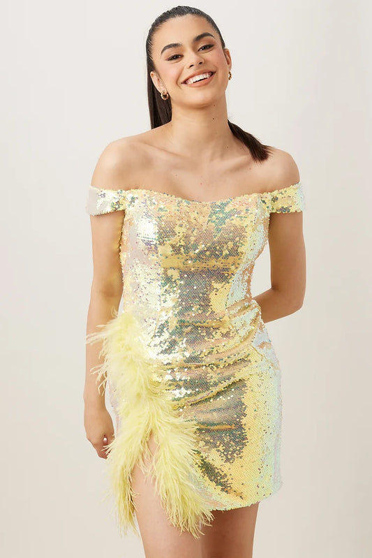 Vienna 60114 Off The Shoulder Fully Embellished Sequin Ombre Slit With Feathers Open Back Cocktail Homecoming Dress. Make a grand entrance wearing this Vienna 60114 Off The Shoulder Fully Embellished Sequin Ombre Slit dress. It features a striking ombre shading, intricate sequin detail and delicate feathers that will make you shine. Perfect for cocktail dinners and homecoming ceremonies.