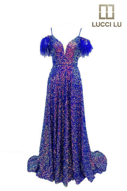 The Lucci Lu 1305 Sequin A Line Maxi Slit Prom Dress is a stunning choice for any special occasion. The dress features a sequin-adorned A-line silhouette with an off-the-shoulder neckline and feather detailing. The backless design adds a touch of sultry elegance. With its flattering fit and eye-catching details, this dress is sure to turn heads.  Sizes: 00-16  Colors: Midnight Blue, Orange