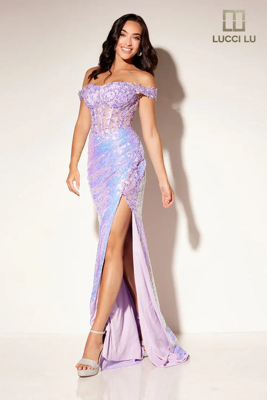 This formal gown from Lucci Lu 1308 features an off-the-shoulder corset dress with sheer lace detailing and sequin accents. The high slit adds a touch of elegance, making it perfect for prom or other special occasions. Embrace your inner fashionista with this stunning and stylish dress.  Sizes: 00-18  Colors: Violet, Lilac