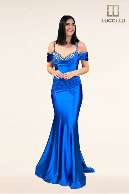 Lucci Lu 1313 Fitted Satin off the shoulder mermaid formal dress Crystal neckline ruched gown