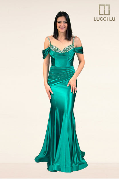 Lucci Lu 1313 Fitted Satin off the shoulder mermaid formal dress Crystal neckline ruched gown