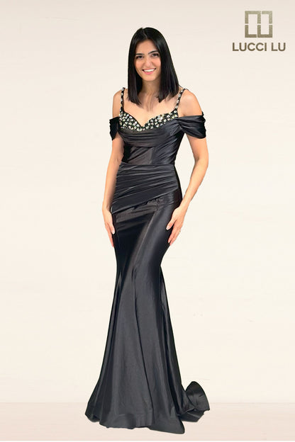 Lucci Lu 1313 Fitted Satin off the shoulder mermaid formal dress Crystal neckline ruched gown 12 / Black