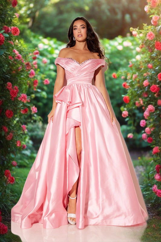 Be the belle of the ball in the Lucci Lu 1341 pink taffeta off the shoulder prom dress. The maxi length and slit offer sophisticated elegance, while the ruffle ballgown silhouette adds a touch of romance. Perfect for any evening event, this dress is sure to turn heads.