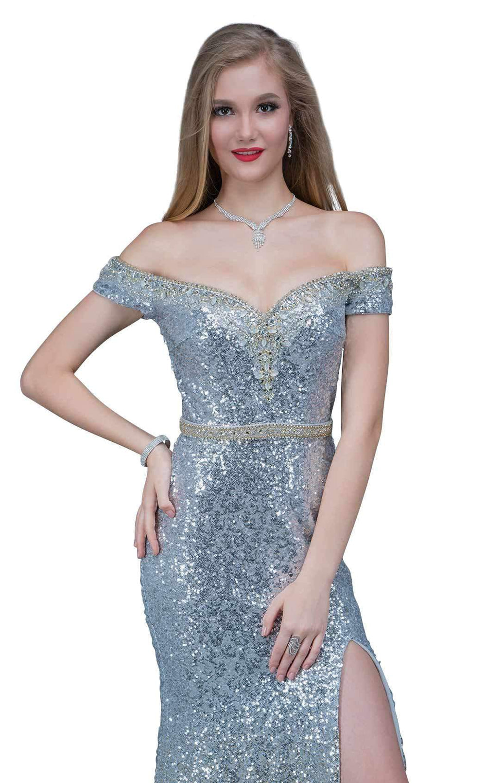 Nina Canacci 1361 Size 4 Silver Sequin Ombre prom dress slit off the shoulder formal gown