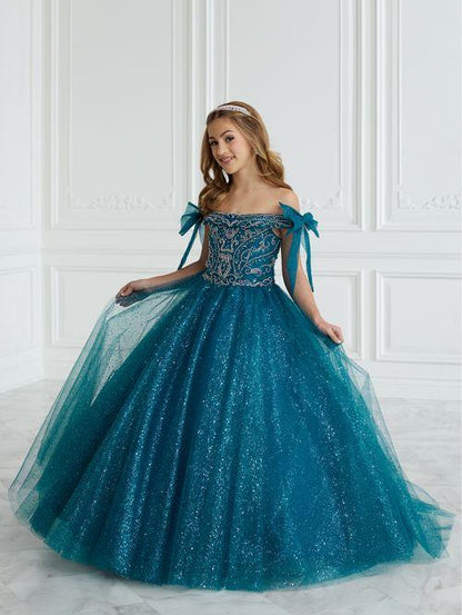This Tiffany Princess pageant dress Style 13677 features a stunning A-line design with intricate beading and glitter details. The tulle ball gown is completed with delicate off the shoulder neckline accented by bows for added elegance. Perfect for formal events, this dress will make your little girl feel like a princess. Corset Back