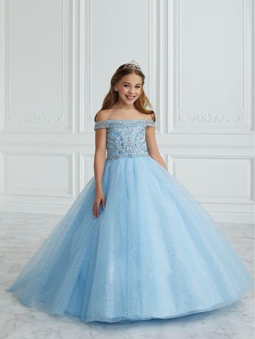This Tiffany Princess pageant dress Style 13677 features a stunning A-line design with intricate beading and glitter details. The tulle ball gown is completed with delicate off the shoulder neckline accented by bows for added elegance. Perfect for formal events, this dress will make your little girl feel like a princess. Corset Back