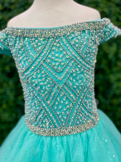The Tiffany Princess 13722 pageant dress is a stunning option for any young contestant. The crystal and pearl bodice adds a touch of elegance, while the off-the-shoulder neckline and A-line ballgown silhouette create a regal look. Made with tulle, this dress is sure to stand out on stage. <span data-mce-fragment="1">Feel like a princess in this off-the-shoulder neckline with pearls and rhinestone beaded bodice, layers of tulle ball gown skirt and lace-up back closure.</span>