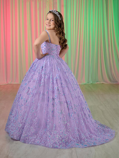 Get ready to dazzle in the Tiffany Princess 13755 Girls Glitter Pageant Dress. Featuring a long ball gown style with a sparkling sequin corset, this dress will make you shine like a star on stage. Be the center of attention and feel like royalty in this formal dress.