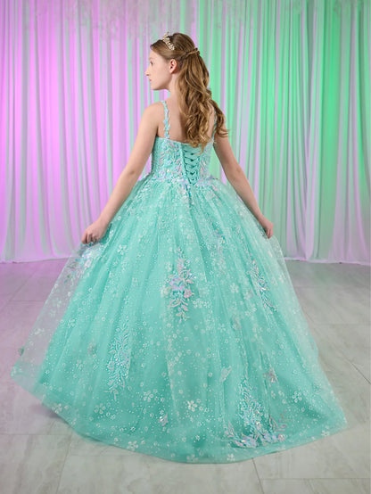 Tiffany Princess 13759 Girls Pageant Dress Butterfly Scoop Neck Crystal Corset Long Gown