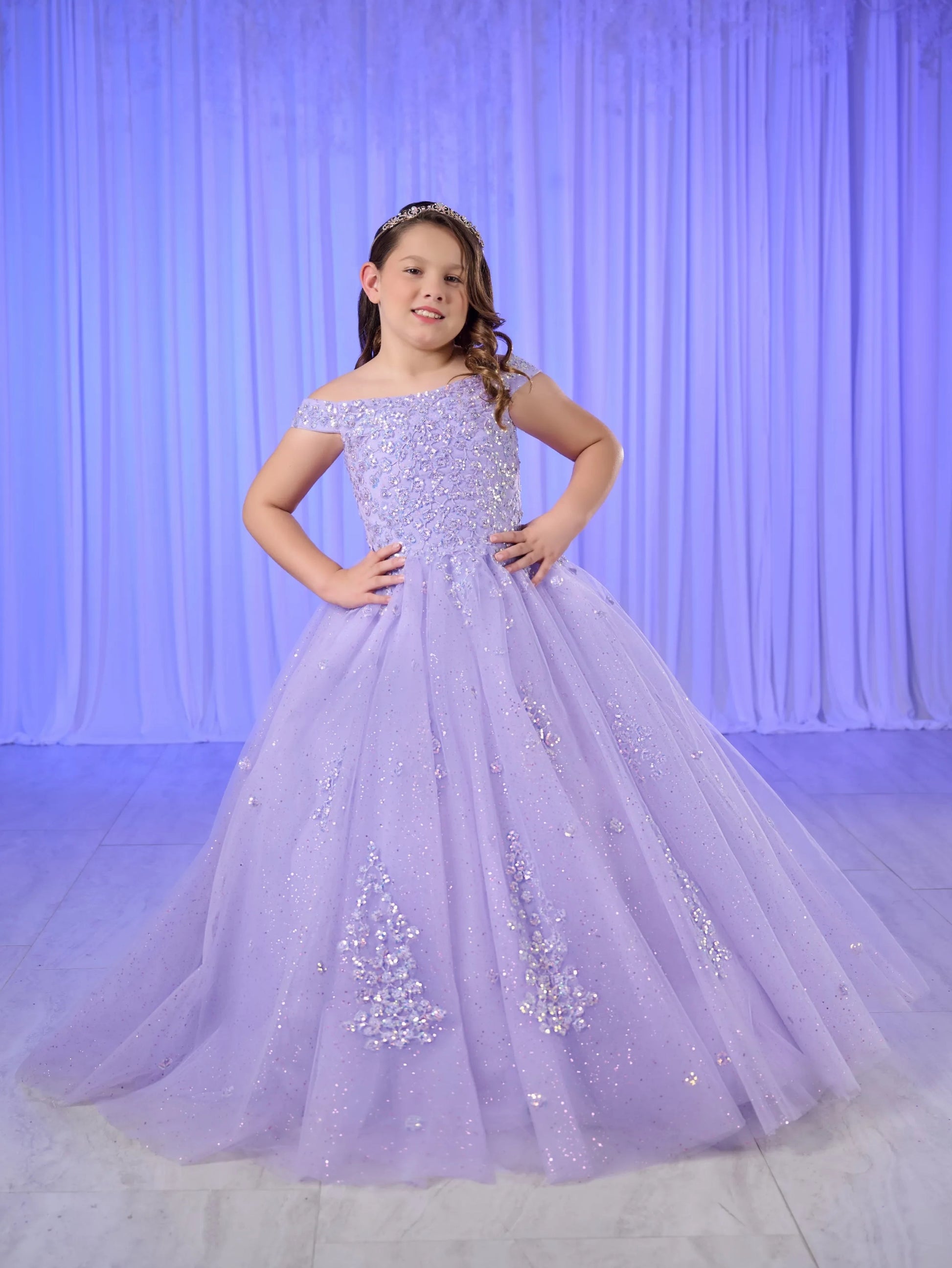 Tiffany Princess 13764 Size 10 Lilac Girls Pageant Dress Off the shoul Glass Slipper Formals