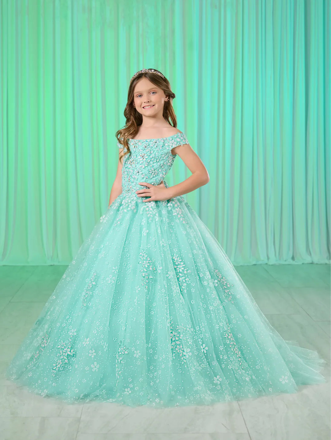 Tiffany Princess 13768 Girls Shimmer Lace Pageant Dress off the Shoulder Corset Formal Gown 6 / Aqua