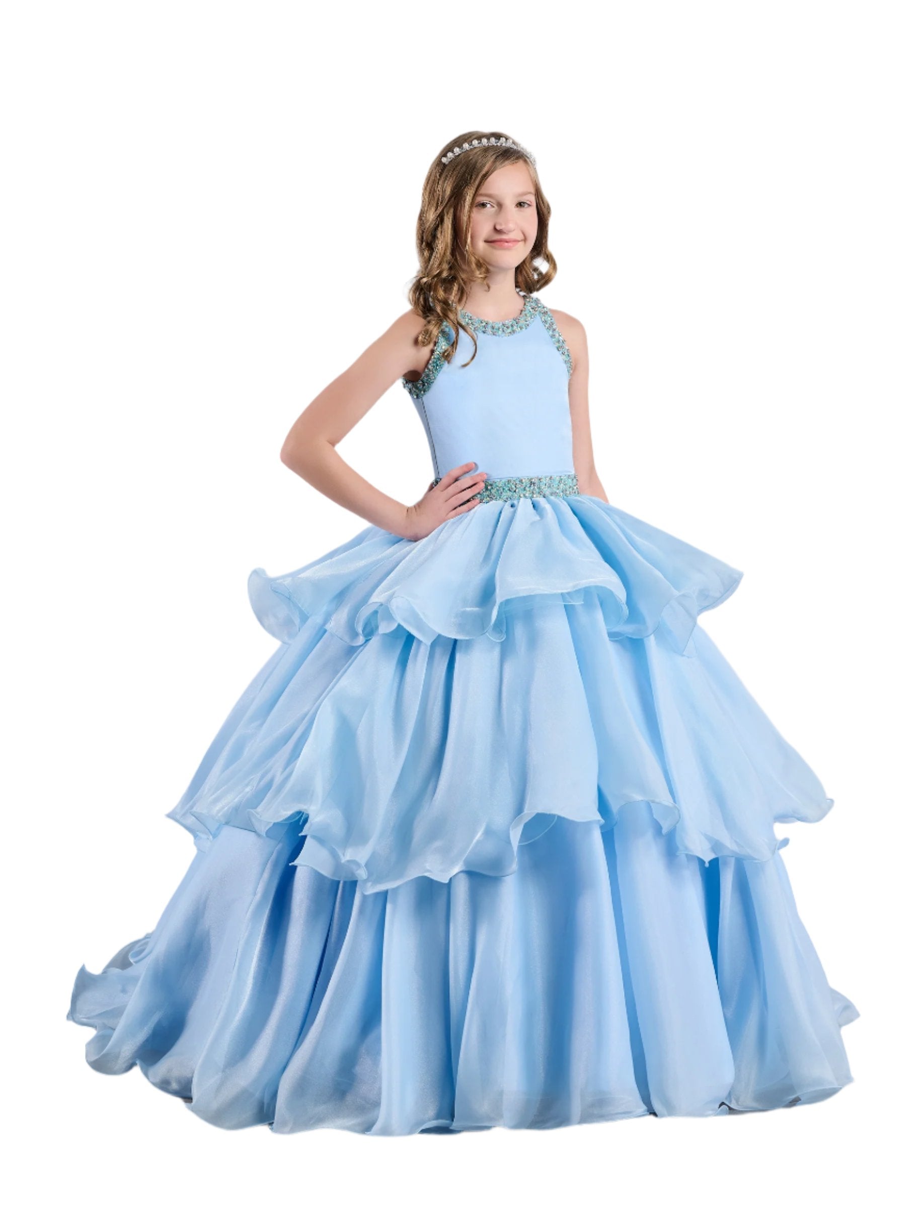 Tiffany Princess 13787 Size 4 Sky Ruffle Layer Girls Pageant Dress Backless High Neck Crystal Neckline - 4 / Sky Tiffany Princess 13787 Size 4 Sky Ruffle Layer Girls Pageant Dress Backless High Neck Crystal Neckline - 4 / Sky