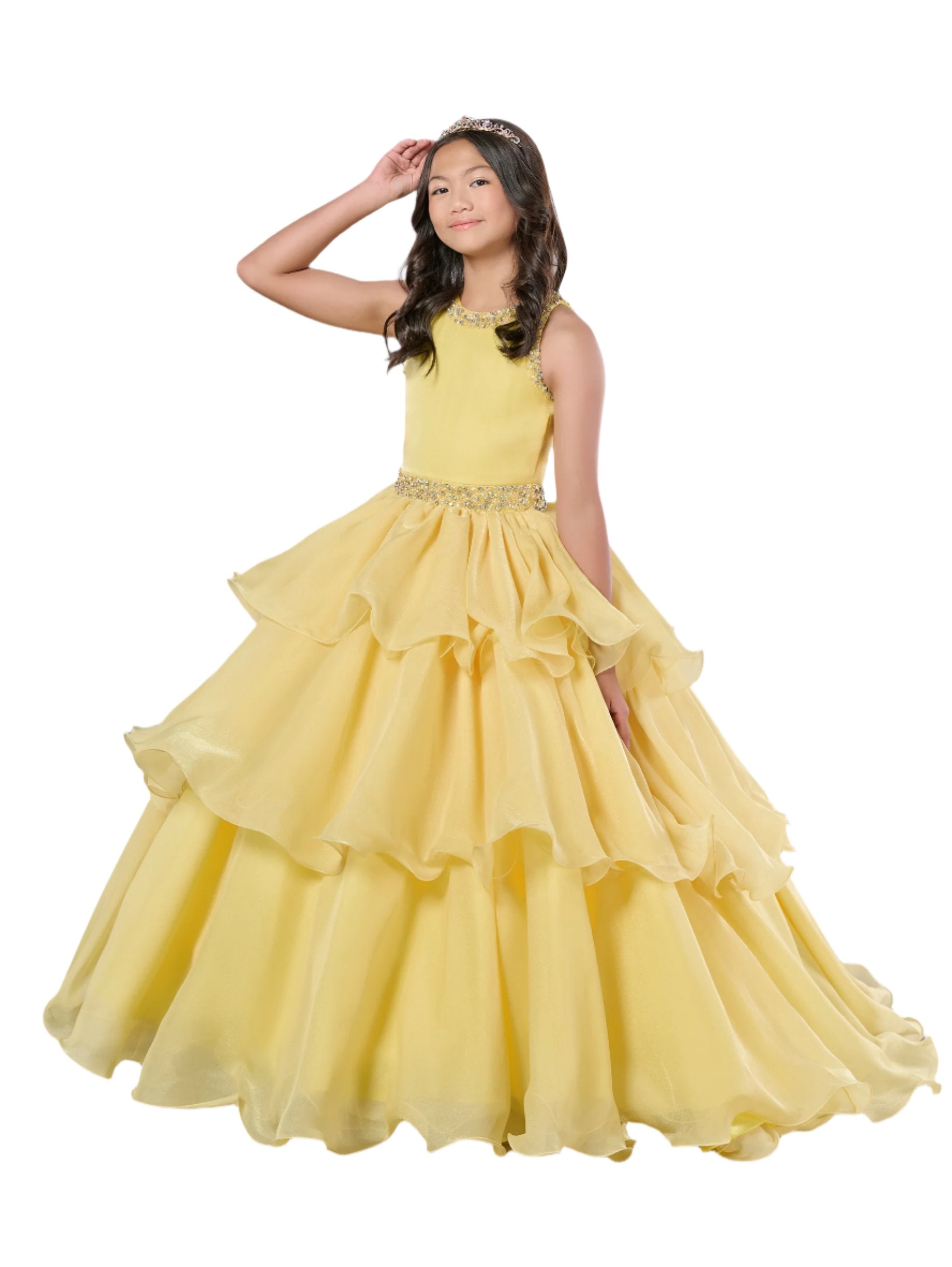 Tiffany Princess 13787 Size 8 Yellow Ruffle Layer Girls Pageant Dress Backless High Neck Crystal Neckline