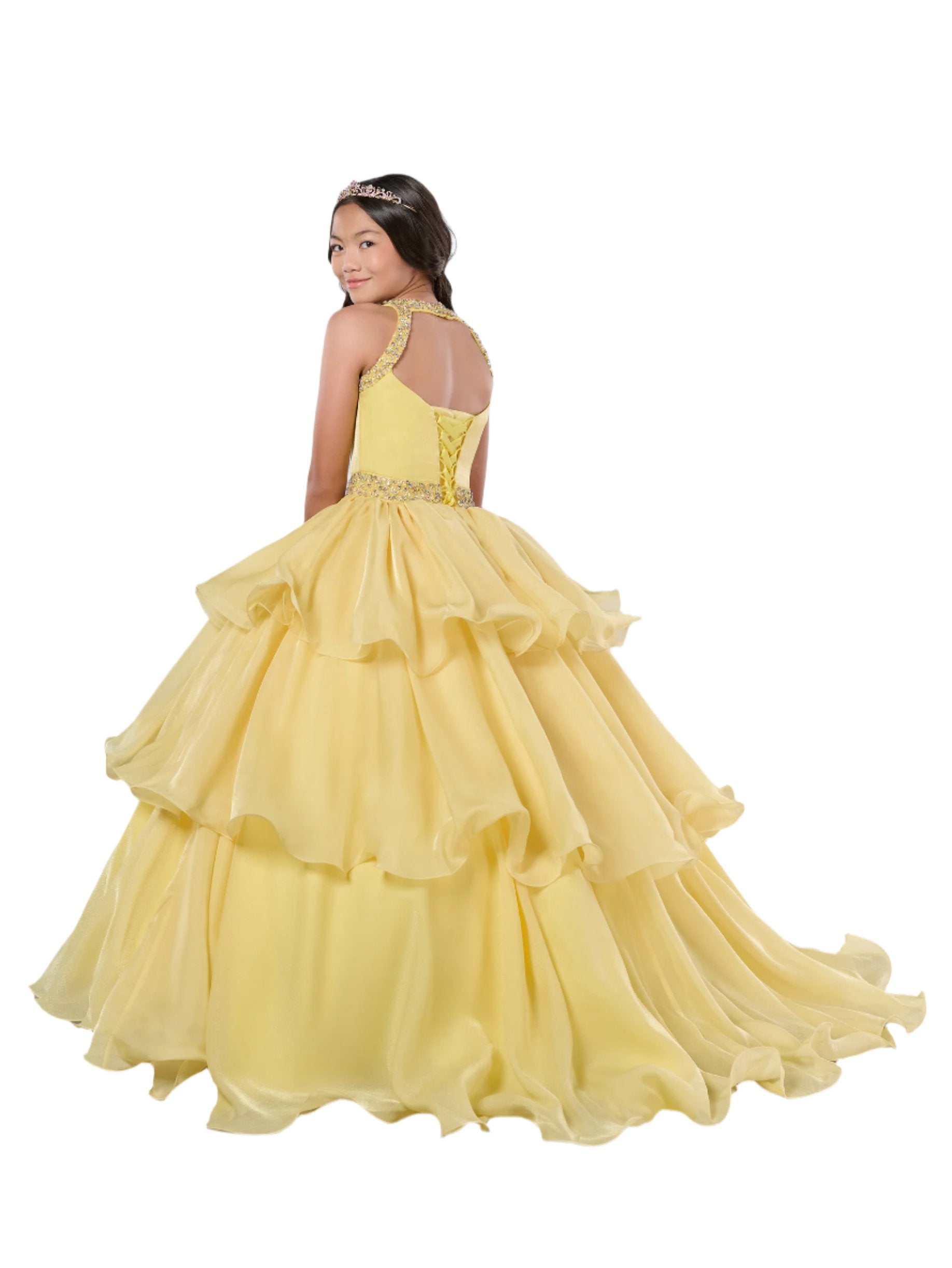 Tiffany Princess 13787 Size 8 Yellow Ruffle Layer Girls Pageant Dress Backless High Neck Crystal Neckline Tiffany Princess 13787 Size 8 Yellow Ruffle Layer Girls Pageant Dress Backless High Neck Crystal Neckline