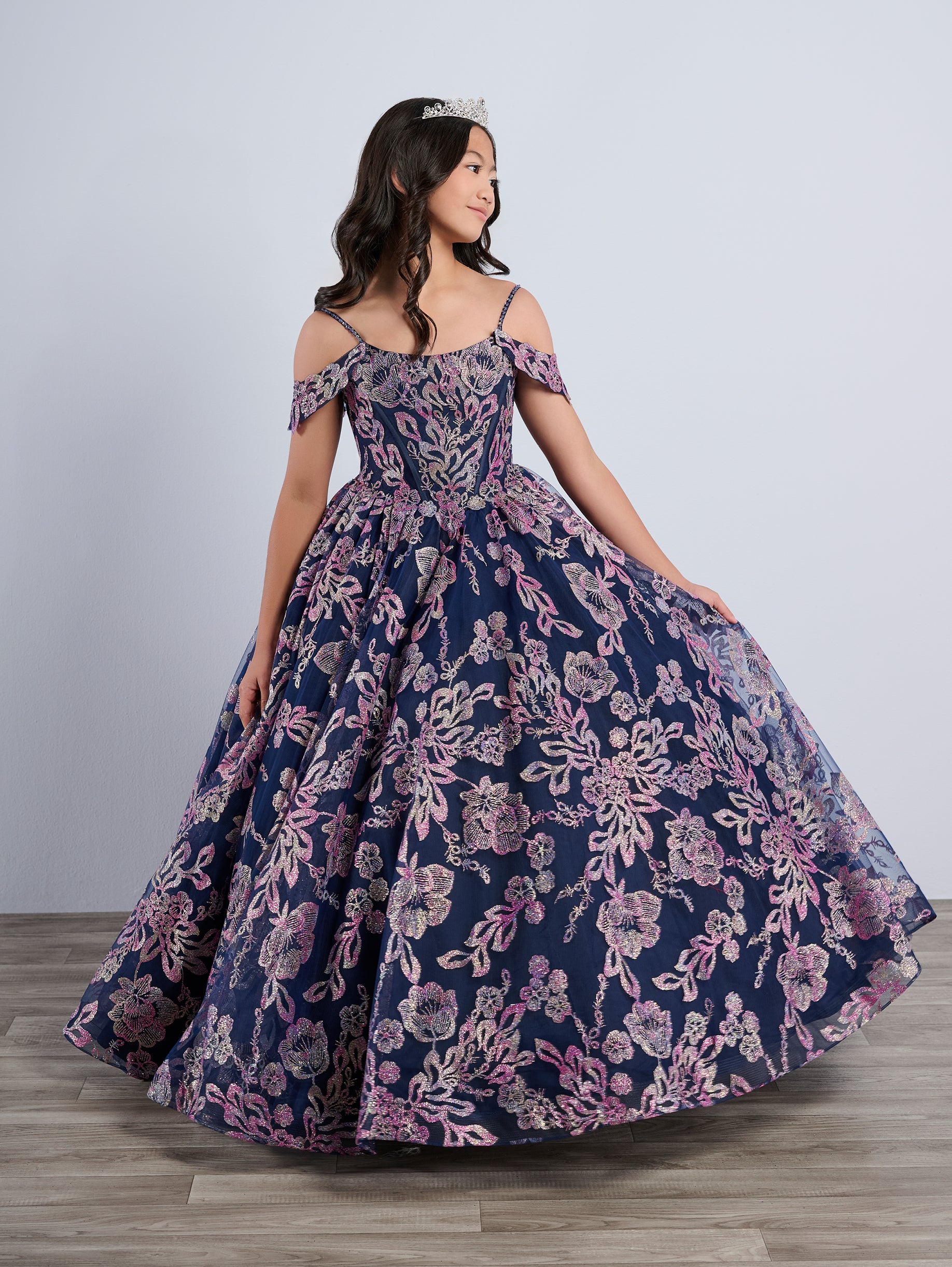 Tiffany Princess 13794 Glitter Floral Girls Pageant Dress Off The Shoulder Cape Corset Ballgown 8 / Pink/Multi