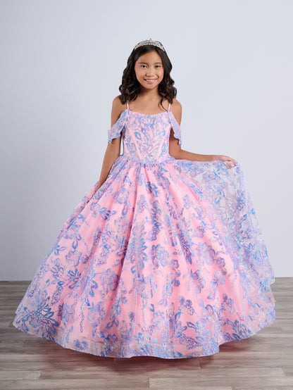 Be the belle of the ball in the Tiffany Princess 13794 Glitter Floral Girls Pageant Dress. This stunning off the shoulder ballgown features a corset bodice and a flowing cape for added drama. The glittering floral details will make you stand out from the crowd. Perfect for any pageant or special occasion.

Sizes: 2-16

Colors: Navy/Multi, Pink/Multi