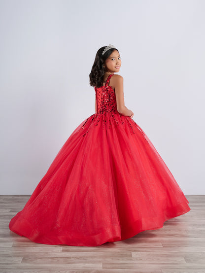 This girls' pageant dress, designed with a corset and A-line ballgown by Tiffany Princess 13796, features beautiful beaded shimmer that is sure to make any child feel like a princess. The dress is perfect for formal events and competitions, providing both glamour and comfort.

Sizes: 2-16

Colors: Red, Sky