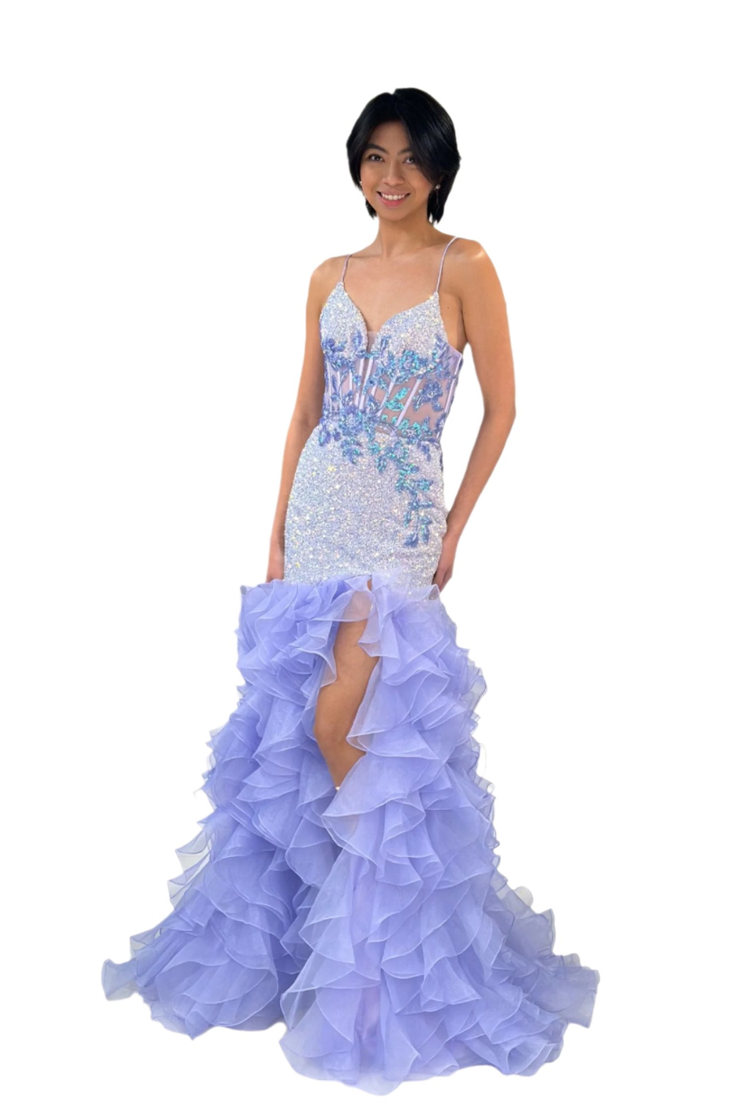 Lucci Lu 1395 Size 4 Lilac Sheer Sequin Mermaid Prom Dress Ruffle Slit Formal Dress Corset Fit & Flare Gown Lucci Lu 1395 Size 4 Lilac Sheer Sequin Mermaid Prom Dress Ruffle Slit Formal Dress Corset Fit & Flare Gown