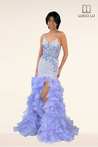 Lucci Lu 1395 Size 4 Lilac Sheer Sequin Mermaid Prom Dress Ruffle Slit Formal Dress Corset Fit & Flare Gown