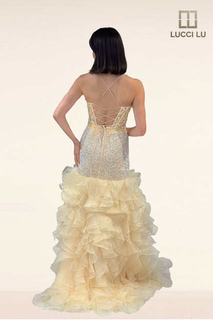 Lucci Lu 1395 Size 8 Yellow Sheer Sequin Mermaid Prom Dress Ruffle Slit Formal Dress Corset Fit & Flare Gown
