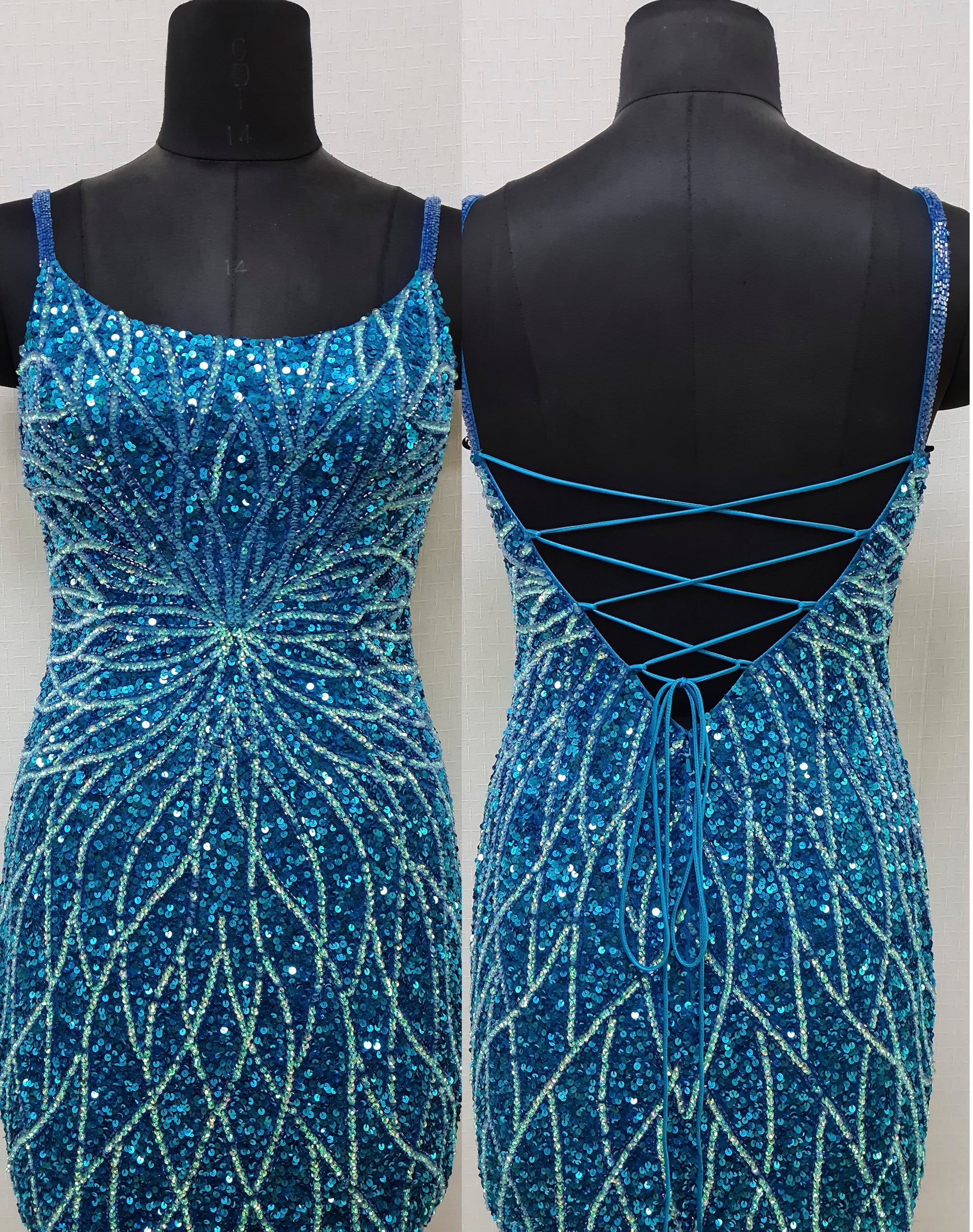 Primavera Couture 14021 Curvy Homecoming Dress Beaded Sequin Open Tie Back Spaghetti Strap Curvy Homecoming Cocktail Dress 16W / Peacock