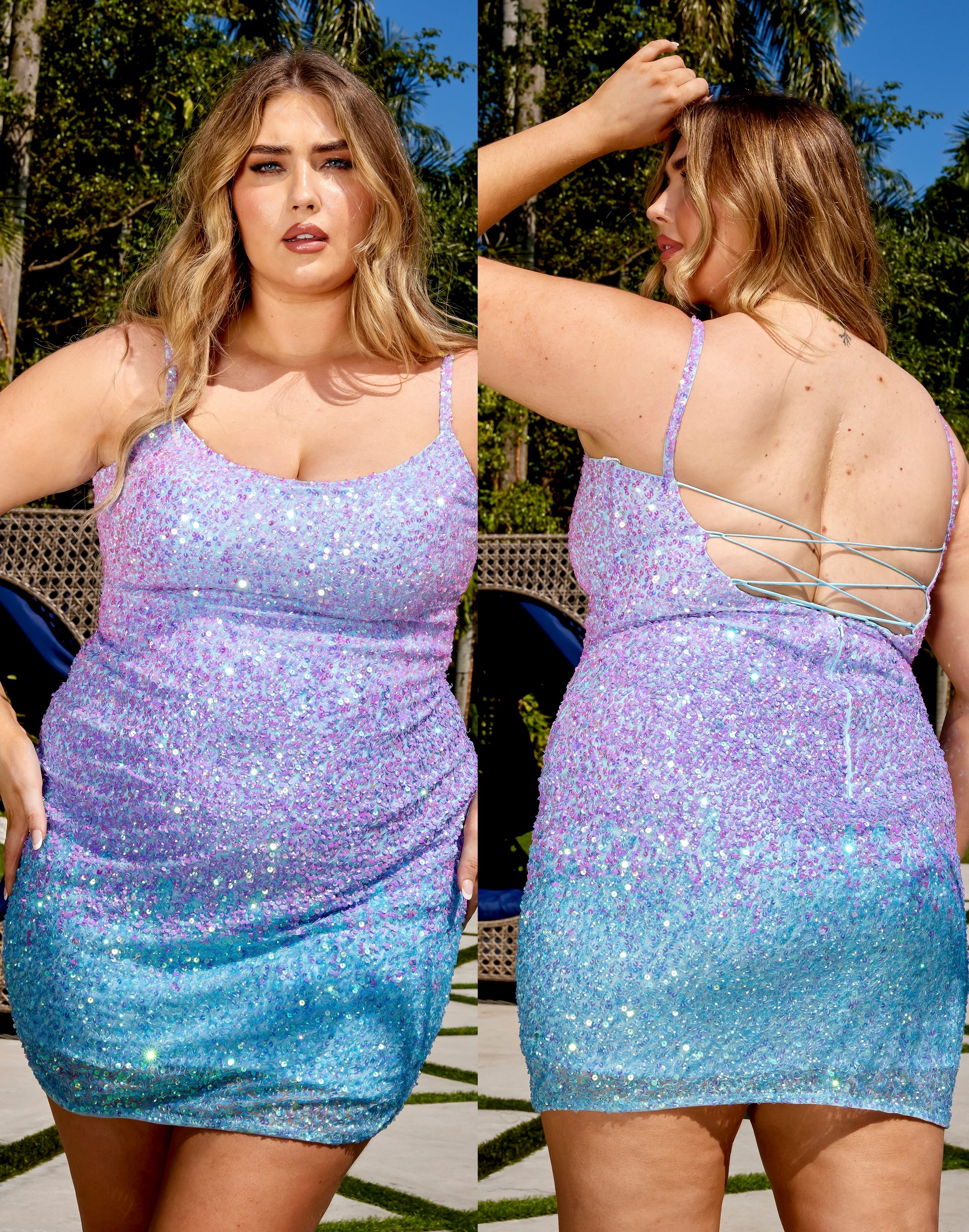 Primavera Couture 14025 Curvy Cocktail Dress Ombre Sequin Embellished Spaghetti Strap Open Tie Back Curvy Short Homecoming Cocktail Dress 18w / Primavera Couture 14025 Curvy Cocktail Dress Ombre Sequin Embellished Spaghetti Strap Open Tie Back Curvy Short Homecoming Cocktail Dress 18w /