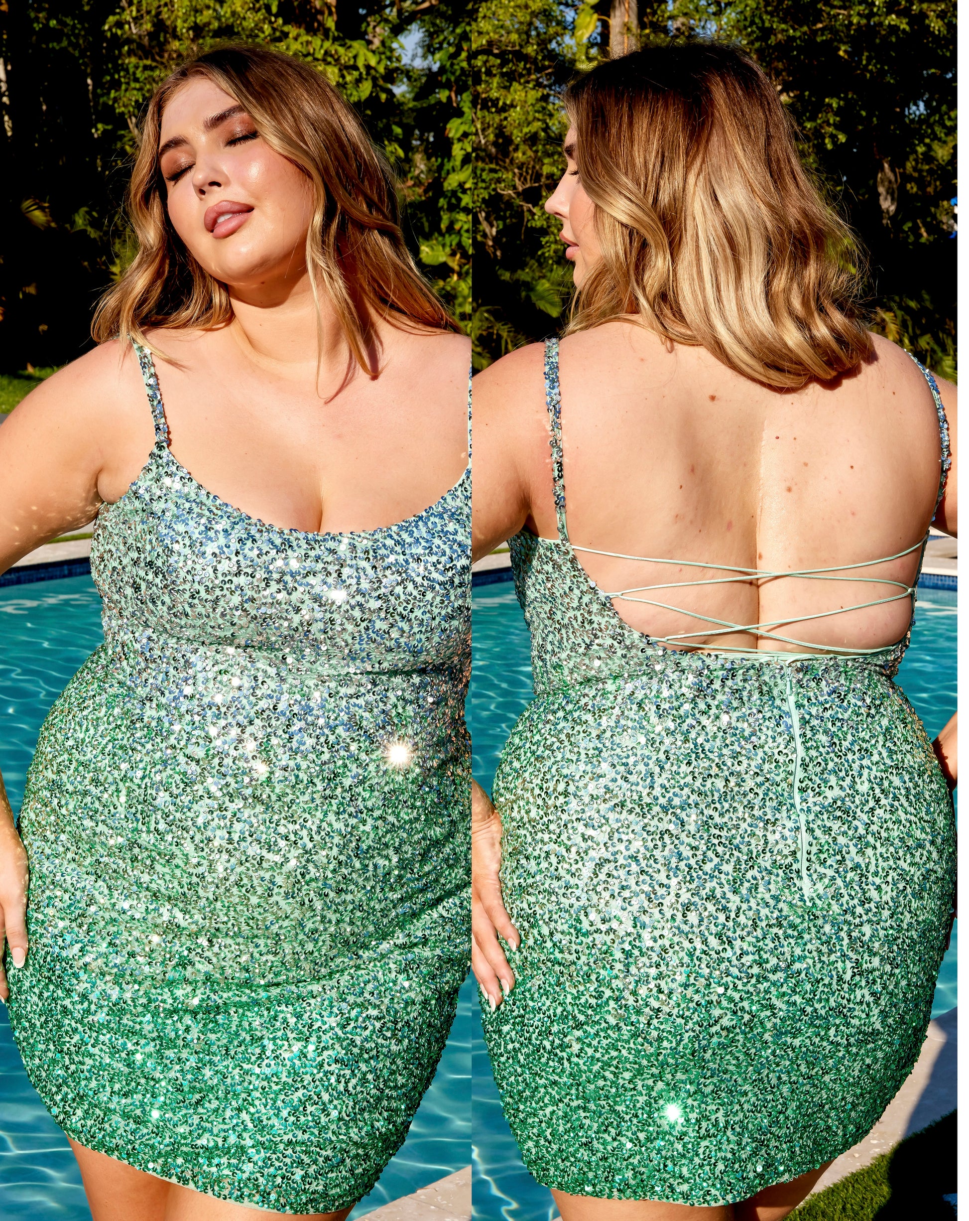 Primavera Couture 14025 Ombre Sequin Embellished Spaghetti Strap Open Tie Back Curvy Short Homecoming Cocktail Dress. The Primavera Couture 14025 dress features a stunning ombre sequin design with spaghetti straps and an open tie-back for flattering and chic styling. Crafted for curvy silhouettes, this dress is perfect for any special occasion.