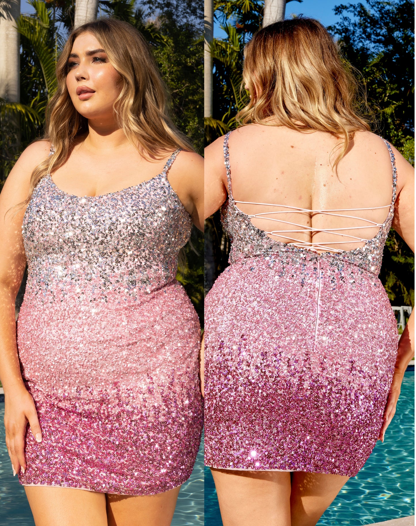 Primavera Couture 14025 Ombre Sequin Embellished Spaghetti Strap Open Tie Back Curvy Short Homecoming Cocktail Dress. The Primavera Couture 14025 dress features a stunning ombre sequin design with spaghetti straps and an open tie-back for flattering and chic styling. Crafted for curvy silhouettes, this dress is perfect for any special occasion.