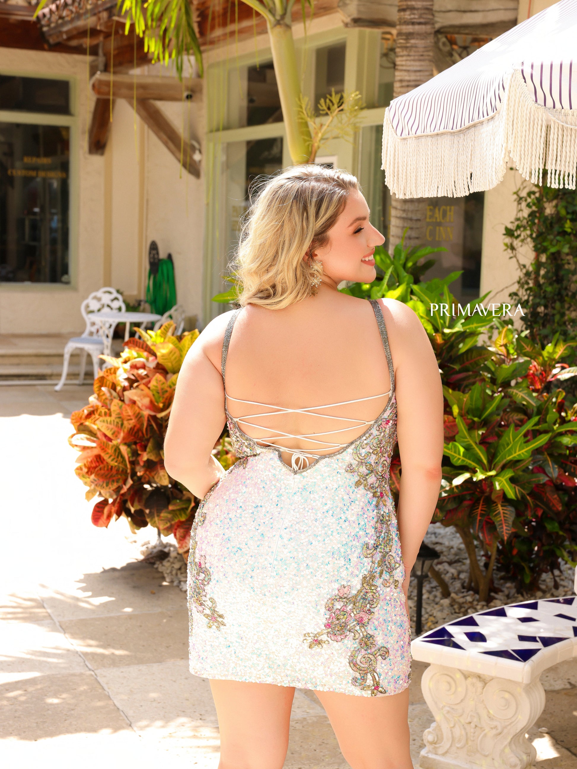 Primavera Couture 14029 Curvy Cocktail Dress Sequin Embellished Bodice Sides Scoop Neck Open Tie Back Curvy Short Homecoming Cocktail Dress 16w / Primavera Couture 14029 Curvy Cocktail Dress Sequin Embellished Bodice Sides Scoop Neck Open Tie Back Curvy Short Homecoming Cocktail Dress 16w /