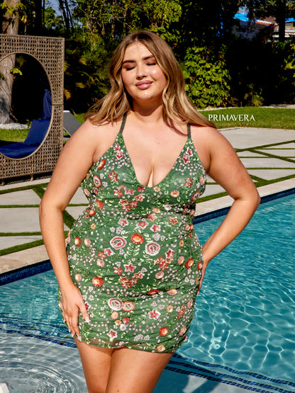 Primavera Couture 14034 Curvy Cocktail Dress Fully Embroidered Floral Print V-Neck Cross Back Curvy Short Homecoming Cocktail Dress. Look stunning in this elegant Primavera Couture 14034 V-neck dress. Crafted with embroidered floral print, sheer fabric and a cross-back design, this fitted dress is perfect for homecoming or cocktail events. With the right accessories, you will shine all night long.
